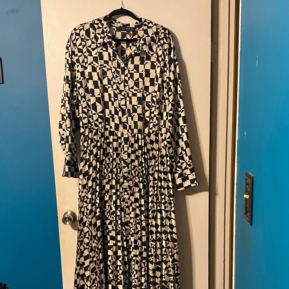 Eloquii Monochrome Checkered Long Sleeve Dress